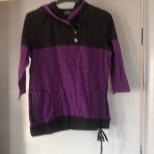 Lauren Ralph Lauren L Shirt black purple Striped Hoodie 1/4 button 3/4 sleeve